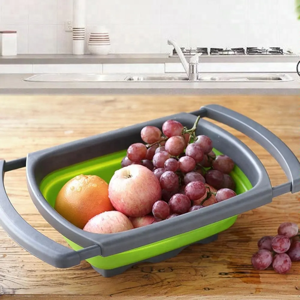 キッチンツール実用的な折りたたみ式シリコンザル果物野菜折りたたみ式洗濯ストレーナーバスケット格納式ハンドル付き