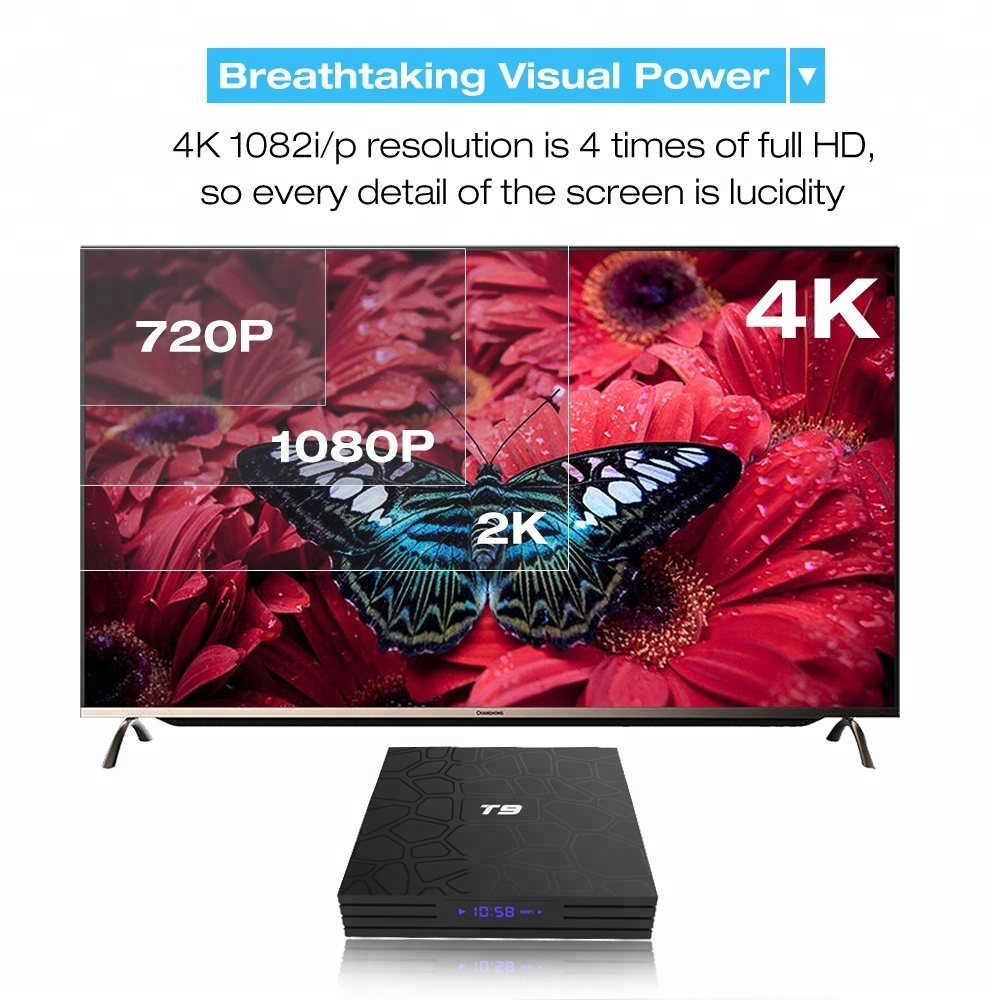 El más nuevo Android tv box T9 4G 32G Android 8,1 Octa core wifi 2,4g/5g caja de tv inteligente OTT tv box con LED dispayer