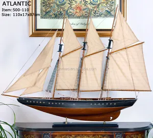 Barco de vela de madera de 110cm de longitud modelo "ATLANTIC", modelo de barco americano con acabado marrón antiguo, colección del hogar