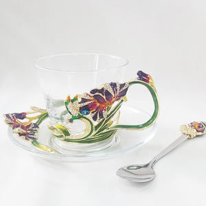 Taza de Agua o Café de Vidrio con Flores Metálicas de Lujo, Estilo Antiguo Vintage con Cuchara y Plato, Taza de Regalo - Product Image 1