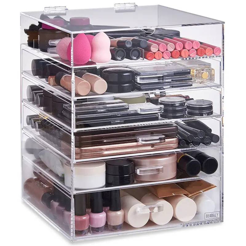 Topverkoper Scharnierend Deksel Doorzichtig Acryl Cosmetische Kubus Organizer Lade/Grote 6 Tier 5 Laden Acryl Make-Up Opbergdoos