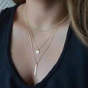 Bar Pendant Ball Chain Layer Necklace,Rolled Gold Jewelry,Choker Necklace