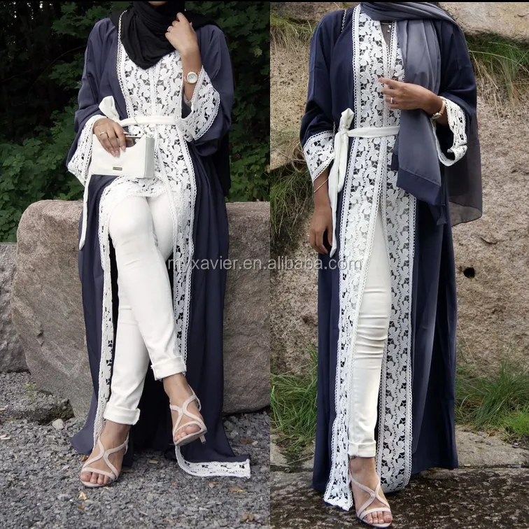 最新女性OEM着物アバヤレーストリムファッションデザインレースブルカオープンイスラム教徒ブルカベルト付き