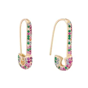 925 Silver 18k Gold Plated Micro Pave Jewelry Custom Gemstone <strong>Safety</strong> <strong>Pin</strong> Huggie Hoop <strong>Earrings</strong> - Product Image 1