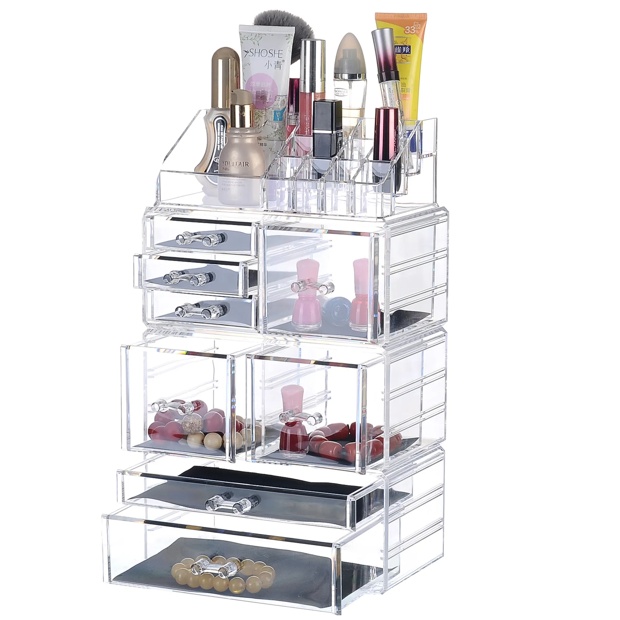 Makeup Organizer Acrylic Cosmetic Storage Drawers and Jewelry Display Box with Drawers, 9.5" x 5.4" x 15.8", 4 Piece