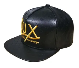 Metallic Thread Golden 3D Embroidery Custom Snapback Quilted PU Leather Hiphop Cap