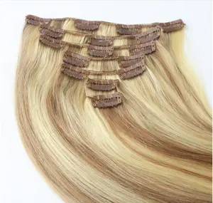 Qingdao hair factory full head 7pcs set highlight color european remy human hair clip in hair extensions 8"-32"