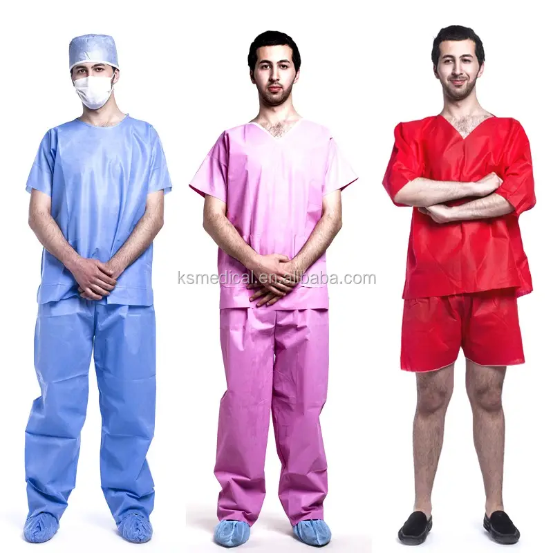 Disposable SMS Hospital Scrubs/Patient Gown/Nurse uniform short sleeve with V-collar or Round-collar