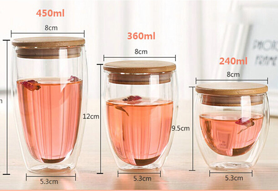 250ml 350ml 450ml Insulated Double Wall Borosilicate Glass  Coffee Cup with bamboo lid