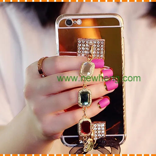 Красивый чехол для мобильного телефона, модный металлический чехол с драгоценным камнем и браслетом для iPhone 6 6s