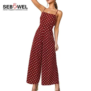 Jumpsuit untuk Wanita Tali Spaghetti Kaki Lebar Pita Belakang Polka Dot Baru