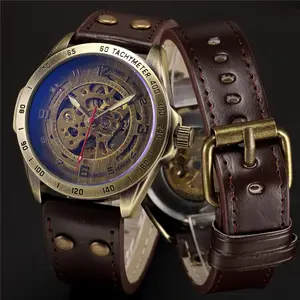 SHENHUA-reloj mecánico con esqueleto de bronce para hombre, pulsera deportiva automática de lujo, de cuero, Retro, P368