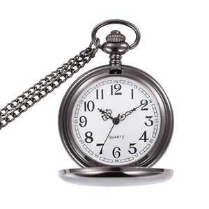 Collier <span class=keywords><strong>pendentif</strong></span> en alliage de bijouterie lisse poli noir argenté tendance, cadeau pour homme et <span class=keywords><strong>femme</strong></span>, <span class=keywords><strong>montre</strong></span> de poche en quartz - Product Image 3