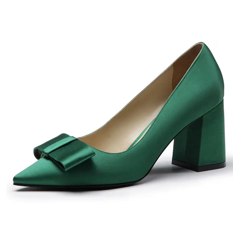 2022 Fashion sexy high quality green luxury wholesale custom logo chunky heels pointed toe women pumps