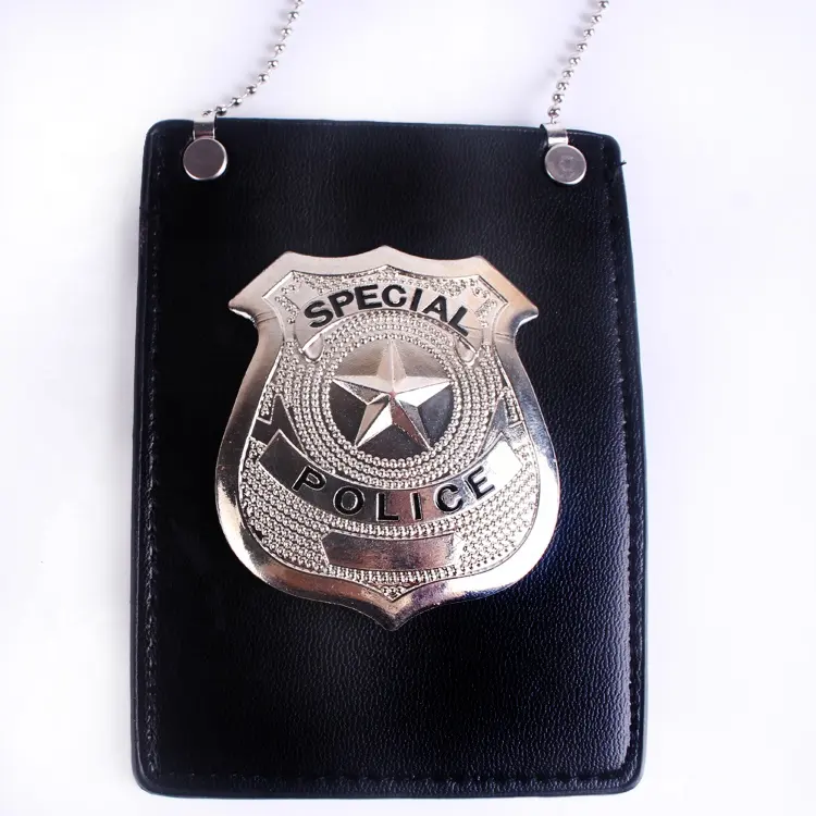Police badge card holder necklace dress up single leather wallet compartment