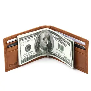Billetera delgada de cuero genuino con bolsillo frontal de bloqueo RFID personalizada con Clip para dinero