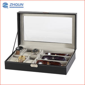 Черный коричневый кожаный 6 часов 3 Солнцезащитные очки комбинированный Дисплей Коробка для хранения со стеклянной крышкой для домашнего использования - Product Image 2