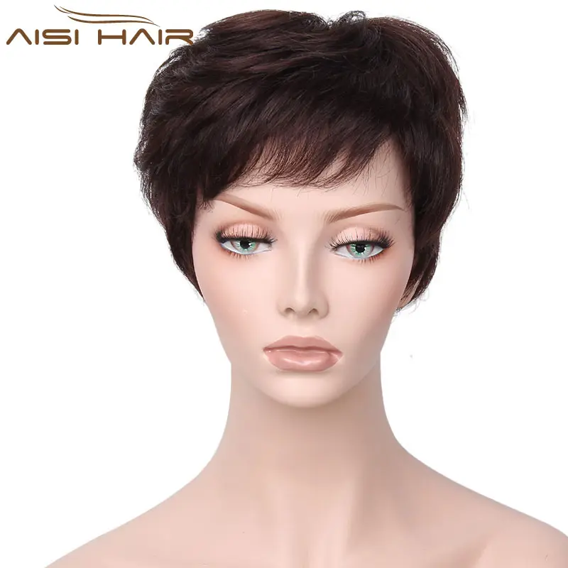 Aisi Hairマレーシア人毛ピクシーカットショートウィッグ前髪の女性用ショートストレートダークブラウン人毛ウィッグ