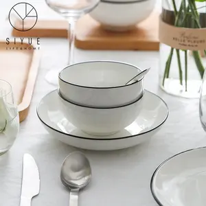 シンプルなスタイルの卸売格安ディナープレートセラミック皿結婚披露宴ブラックリム2102