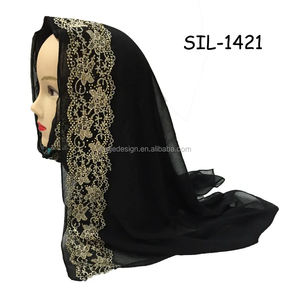 Mode nieuwe moderne katholieke sluier vrouw Arabische moslim kant borduurwerk bloem chiffon hijaabs met steen studs