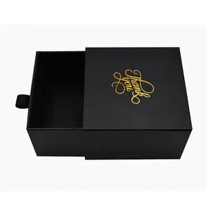 กล่องของขวัญปั๊มทองสี่เหลี่ยมพร้อมริบบิ้น,กล่องลิ้นชักกระดาษแข็งสีดำด้านพิมพ์แบบกำหนดเอง