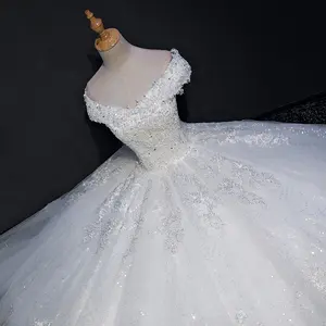 100% Real off the shoulder beaded appliqued lace plus size customized Puffy shiny wedding gowns MWA340