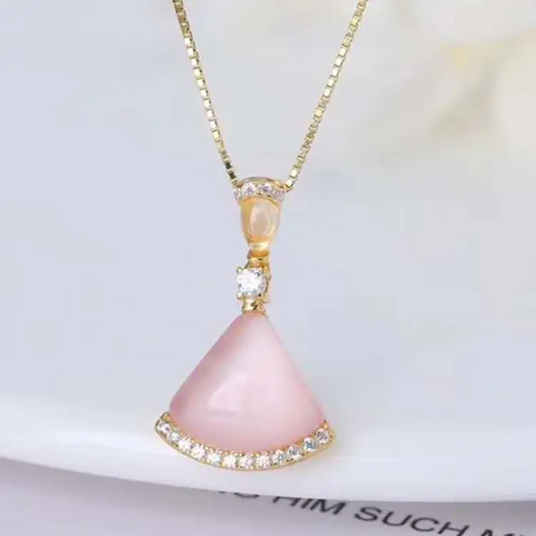 pink gemstone sector jewelry 925 sterling silver 18k yellow gold plated 12mm natural rose quartz pendant necklace for women