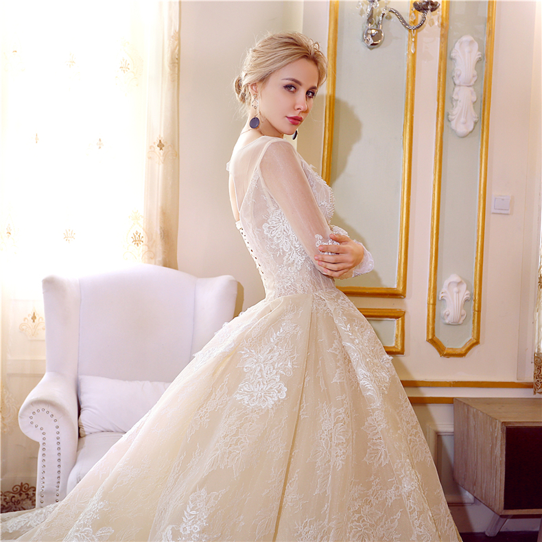 open lace back dress 2023 Light Champagne Tulle Lace Wedding Dress With Pockets – Sassymyprom main image 0