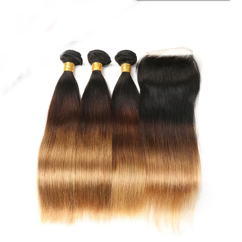 Manka Indian Hair Bundles #1b/4/27 4*4 Remy Straight Ombre Human HairとLace Closure Salon One Pack