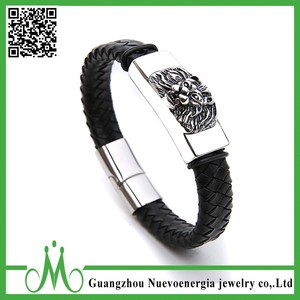 Moda de acero inoxidable de cuero genuino de la cabeza <span class=keywords><strong>del</strong></span> león hombres pulsera de cuero trenzado brazalete - Product Image 1