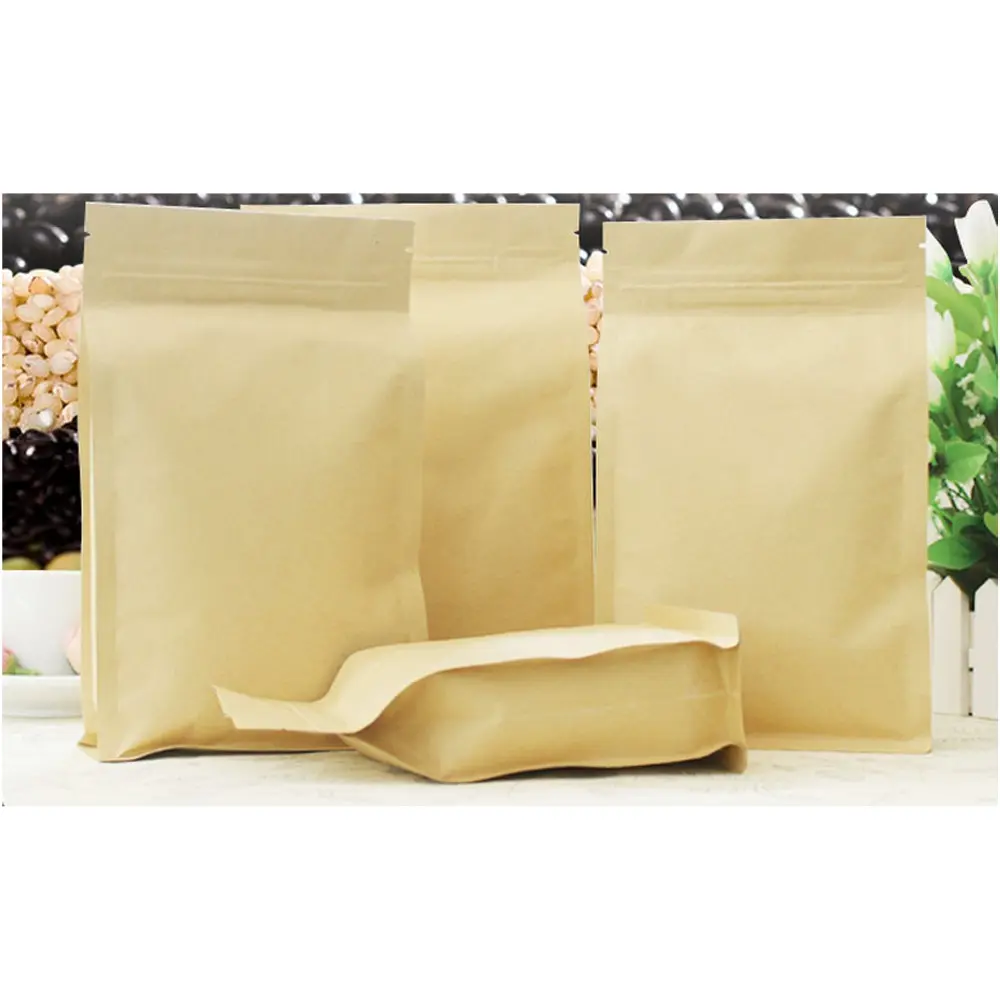 Bolsas de papel kraft natural con cremallera de aluminio biodegradable, bolsas de papel kraft esmerilado con sello de ocho lados, paquete de soporte