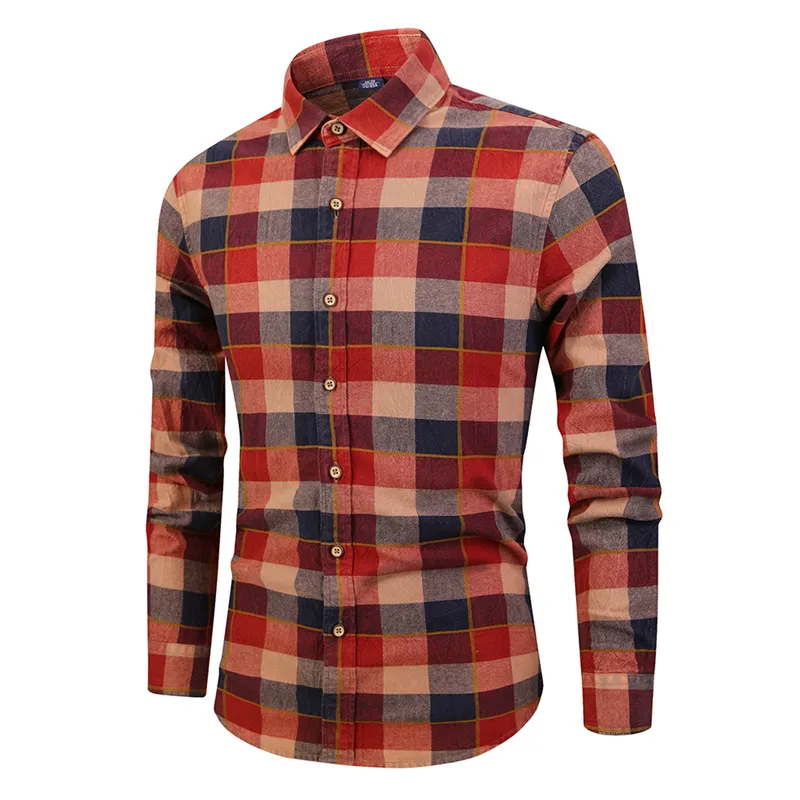 custom men's fashion long sleeve 100 cotton red plaid shirts