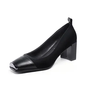 J096-zapatos de tacón cuadrado para mujer, calzado informal con punta cuadrada poco profunda