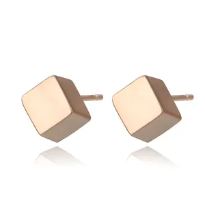Top Quality Concise Cube Stud Earrings Rose Gold Color For Women Girl Party Birthday Fashion Jewelry Wholesale E536