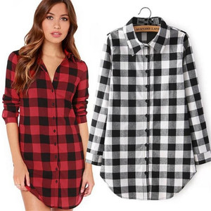 Logo personnalisé 2018 Automne Hiver Bouton Up Turn Down Collar Manches Longues Plaid Femmes Chemises Et Blouses Pour Dames - Product Image 1