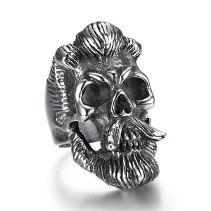 Cool Silver โจรสลัด Mens Gothic Devil Skull แหวน316L สแตนเลส MensFashion เหล็ก Beard Skull Biker แหวน