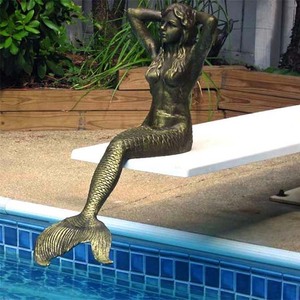 屋外ガーデンプール装飾緑青人魚彫刻像真鍮銅ブロンズ長い髪人魚像 - Product Image 4