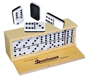 Dominoes Double 6, Tournament Size, Two Toned with Spinner (center) Rivets, in wooden education game set in wood box for kid pla