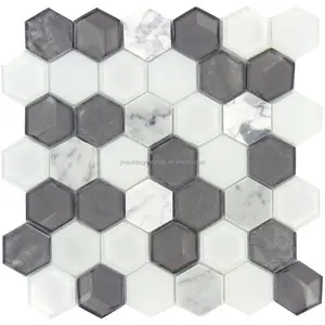 aspen grove hexagon silver grey crystal glass mix white marble mosaic tile-tiles design