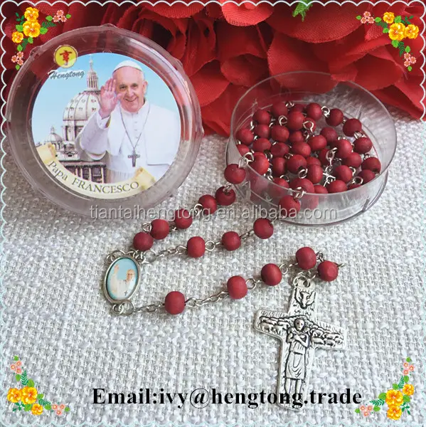 7mm rosso perline di legno rosario, profumo profumo di rosa della collana del rosario con papa francisco centro e croce, rosario con scatola di plastica