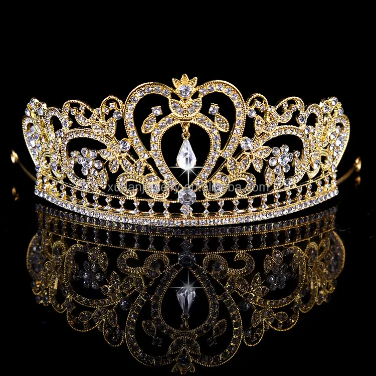 Mahkota Emas Kristal Berkilau Mewah Retro Perhiasan Pernikahan Pengantin Mahkota Tiara Mahkota Kontes Aksesori Rambut