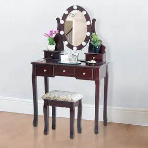 Kahverengi Soyunma Masa Tabure ve LED Işıkları ile 5 Çekmeceli ve Ayna Dresser Mobilya Dresser makyaj masası