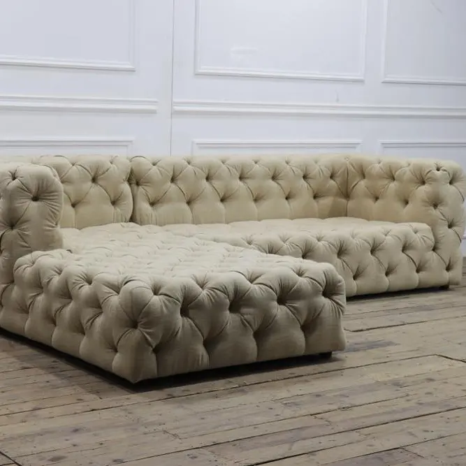L شكل أريكة الزاوية العمودية النسيج الكلاسيكية زر tufting قماش اللون تشيسترفيلد أريكة الأريكة