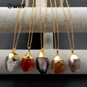 WT-N1078 WKT wholesale chunky natural faceted raw agate pendant necklace 24k real gold plated fashion agate necklace