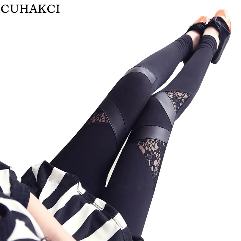 CUHAKCI Black Fit Form Elastic Waist Leggings Tights Splicing Triangle Lace Polyurethane Leather Women Pencil Skinny Pants