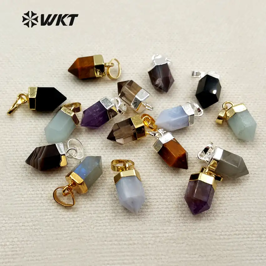 WT-P1279 WKT wholesale small bullet point tiny multi gemstone real gold silver plated natural raw stone pendant