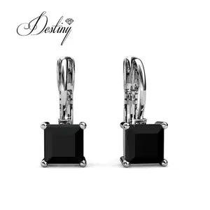 Boucles d'oreilles créoles carrées noires ornées de cristaux Swarovski, bijoux en argent sterling 925 Daisini - Product Image 1