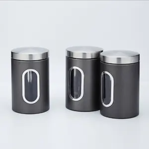 Stainless Steel Coffee Canister Kitchen Food Storage Container Removable Air-Tight Lids With See-Through Windows to View Content