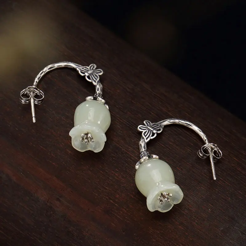 Wostu — boucles d'oreilles pendantes en argent Sterling 925 pour femme, en Jade naturel, Hetian blanc, fleur de lys, style ethnique, fait à la main, motif papillon