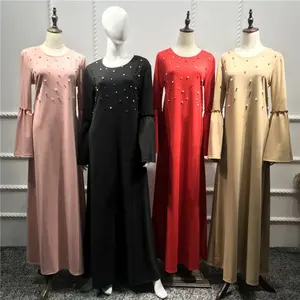Fashion muslim women islamic maxi dress knit dubai abaya with pearl arabic kaftan jalabiya